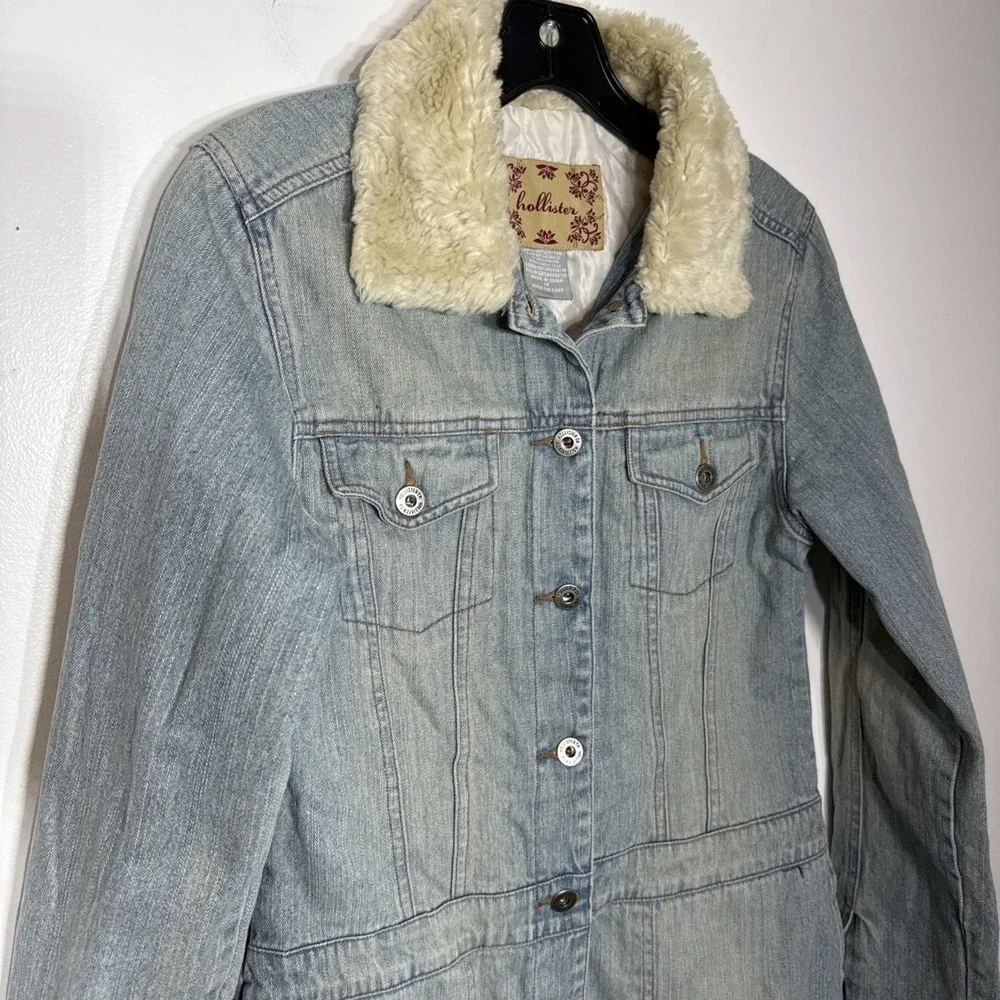 Vintage Hollister Denim Jean‎ Jacket Faux Fur Collar Lined Women's Medium Y2K